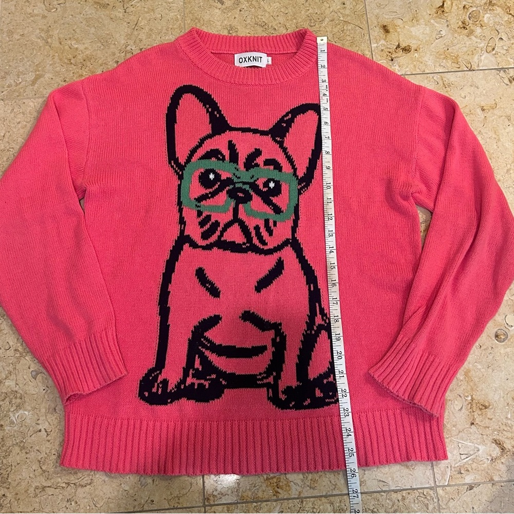 OXKNIT Pink Sweater with Black Bulldog & Green Glasses 100% Cotton Size L - Picture 3 of 6